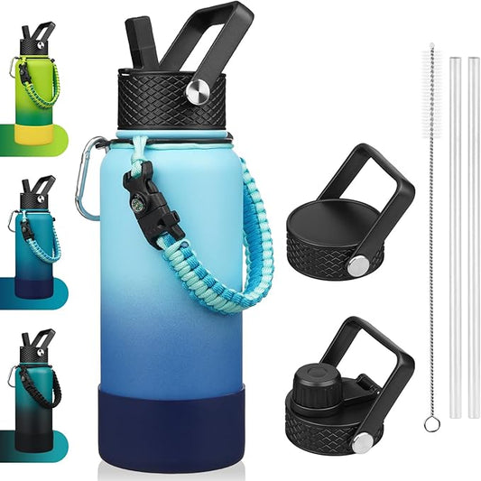 BJPKPK 32oz Insulated Water Bottles with 3 Lids, Paracord Handle & Non-slip Boot, Stainless Steel Metal Water Bottle,Reusable BPA Free Thermal Flasks, Tumblers, Sky