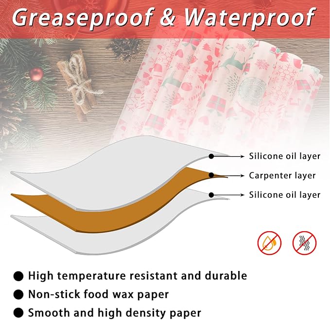 YBB 100Pcs Christmas Deli Wax Paper Sheets for Food, Basket Liners Food Picnic Paper Sheets Greaseproof Deli Wrapping Sheets, 10 x 8.6 Inch (Christmas)