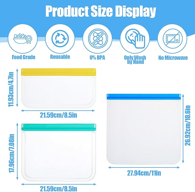 32 Pack Reusable Storage Bags, 3 Sizes Leakproof Food Bags, Dishwasher Safe BPA-Free Sandwich Snack Gallon Bag for Milk Bread Fruit Vegetable Meat Cookie, 3 Colors