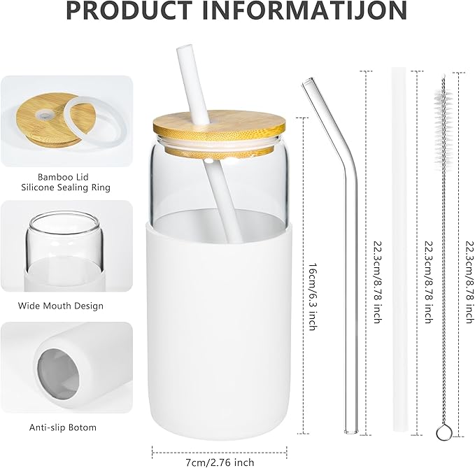 20oz Drinking Glasses Cups Set of 4 Beer Can Shaped Drinking Glasses with Silicone Protective Sleeve Straw Bamboo Lid Iced Coffee for Coffee Smoothie Boba Tea(White*4)