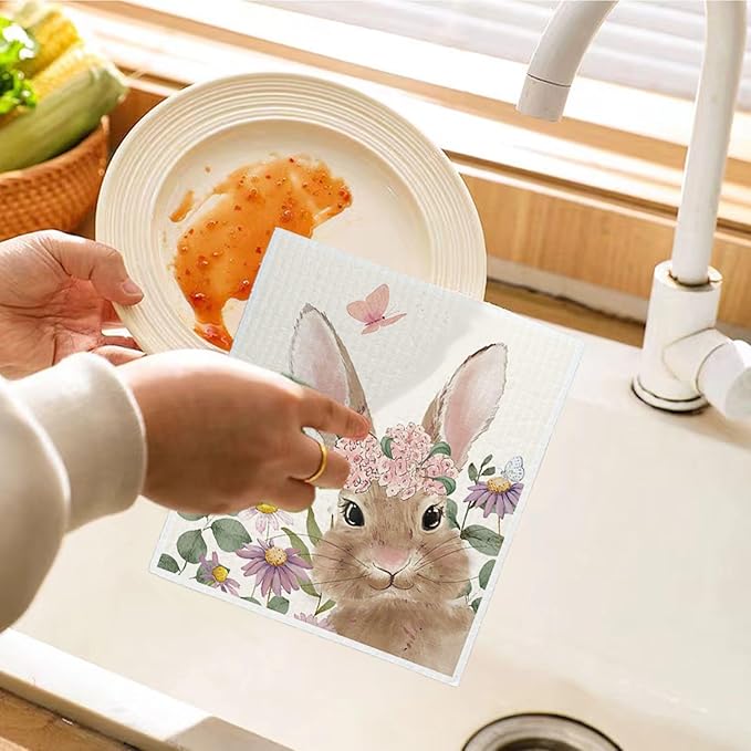 Pink Bunny Eggs Swedish Dishcloths for Kitchen, Happy Bunny Dish Cloths for Easter Gifts, Papaya Cute Funny Washable Swedish Cleaning Sponge Cloths, 4 Pack Dish Towels for Kitchen