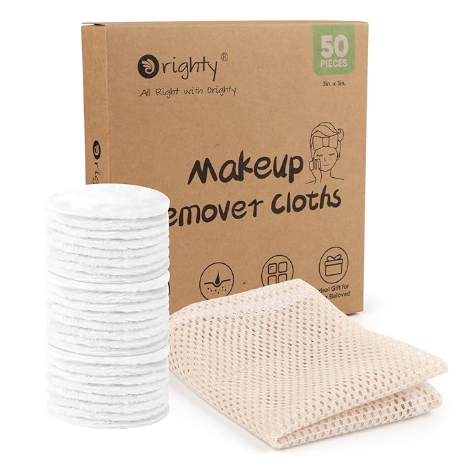 Orighty Reusable Microfiber Makeup Remover Pads 50 Count, Eco-Friendly Facial Cleansing Cloths, Round Shape, Super Soft, Ideal Gift with Laundry Bag (White)