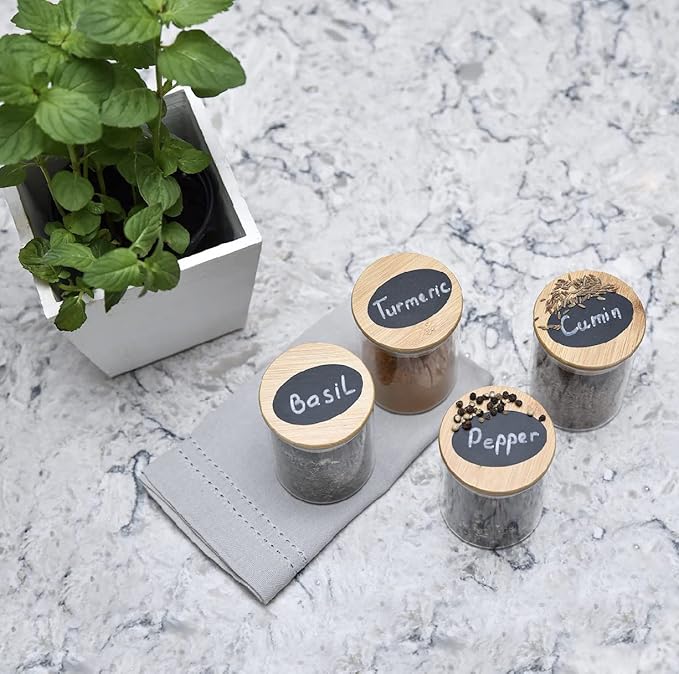 12 pcs Spice Jars | Glass Jar Bamboo Lids Food Storage Containers 7oz Glass Jar | Includes Pen and Decorative Labels | Dozen Spice Jars | Tea, Sugar, Salt, Herbs | Bonus Item