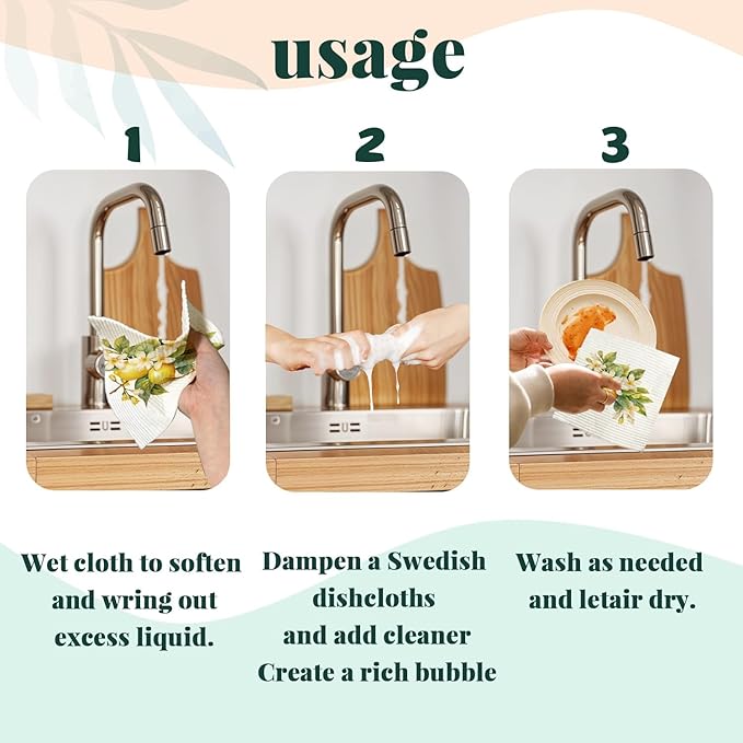 Swedish Dishcloths for Kitchen, Papaya Reusable Paper Towels Washable, Summer Lemon Swedish DishCloths for Friut, 4 Pack Dish Towels for Kitchen, No Odor Cleaning Cloths