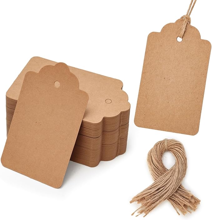 SallyFashion 100pcs Gift Tags with String Attached, 1.7 x 2.8 inch Kraft Paper Hang Tags for Clothes DIY Crafts Wedding Holiday (Brown)
