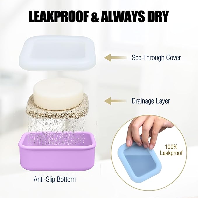 OTHIX 2 Pack Leakproof Silicone Travel Soap Case-Small Bar Soap Holder Container with Drainage Layer & Mini Portable Soap Dish for Shampoo Bars, Bathroom, Gym, Travel, Camping (Cream & Light Purple)
