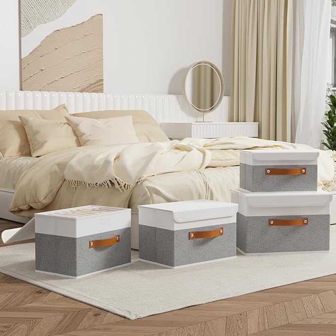 OUTBROS Collapsible Storage Cubes with Lid, Linen Fabric Wardrobe Baskets, Large Box For Towels, Clothes, 15 x 9.8 x 9.8 inch (White/Grey, 1-Pack)