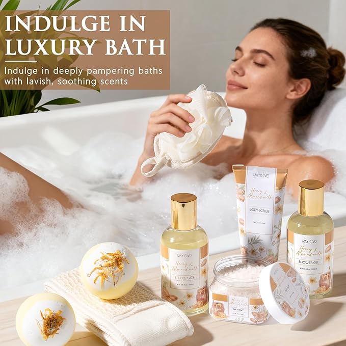 Christmas Birthday Gifts for Women, Honey & Almond Milk Relaxing Spa Gift Baskets for Women Self Care Package Bath Gift Set, Home Bath and Body Kit Pamper Gifts for Womens Mom Her Friends Sister Wife