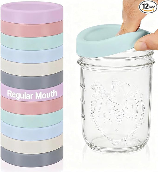 12 Pcs Silicone Regular Mouth Lids Mason Jar Lids Thickened Leak Proof Lid for 70 mm All regular mouth Mason Jars, Reusable Large Canning Jar Caps(Morandi)