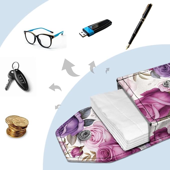 Rose Purse Tissue Holder Reusable Canvas Pocket Tissues Travel Packs Snap Button Enclosed Portable Tissue Holder for Purse Coins
