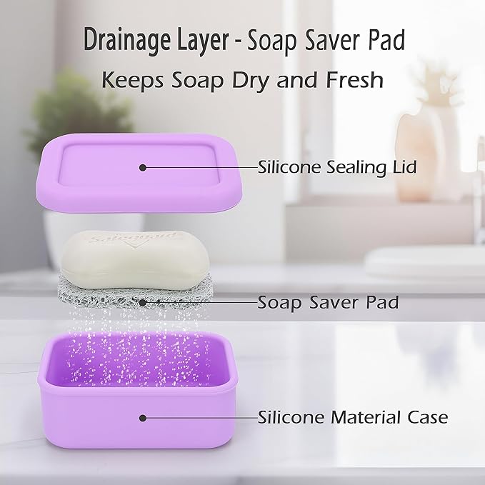 Silicone Bar Soap Travel Case,Completely Leak Proof Bar Soap Holder,Compact Soap Bar Container,Portable Soap Box for Traveling,Camping,Gym,Outdoor (Light Purple)