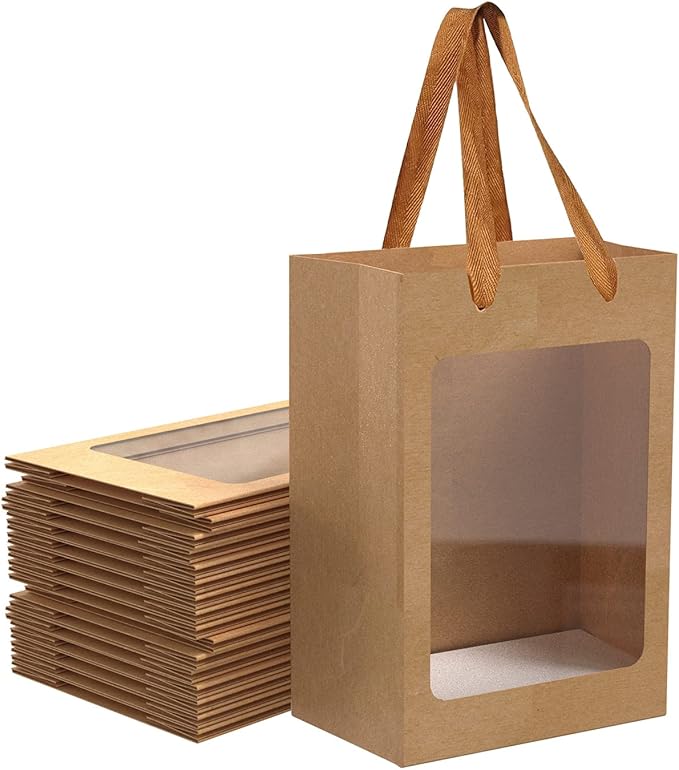 BallHull 40 Pcs Brown Paper Gift Bags with Transparent Window, 9.84"x7.0"x5.12" Kraft Shopping Bags with Handles for Present, Festivals Party