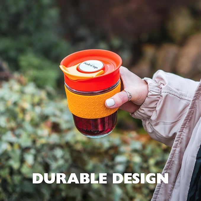 Travel Mug Loose Tea Infuser - Detachable Tea Strainer with Spillproof Lid - BPA-Free Reusable Glass Travel Coffee Cup with Silicone Band (Red, 12oz)