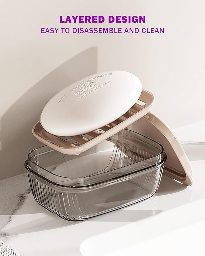 Travel Soap Case with Lid,Leakproof Soap Holder with Drainage Layer, Travel Essentials Soap Containers, Portable Soap Bar Dish for Camping, Gym, Bathroom,Kitchen,Dormitory,Hotel(Clear)