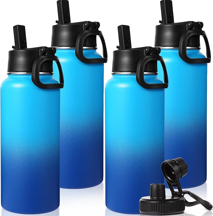 Neihepal 32 oz Insulated Water Bottles Bulk with 2 Lids (Straw & Spout Lid), Stainless Steel Double Wall Water Bottle, Keeps Cold 24H & Hot 12H (Green Blue,4 Pack)