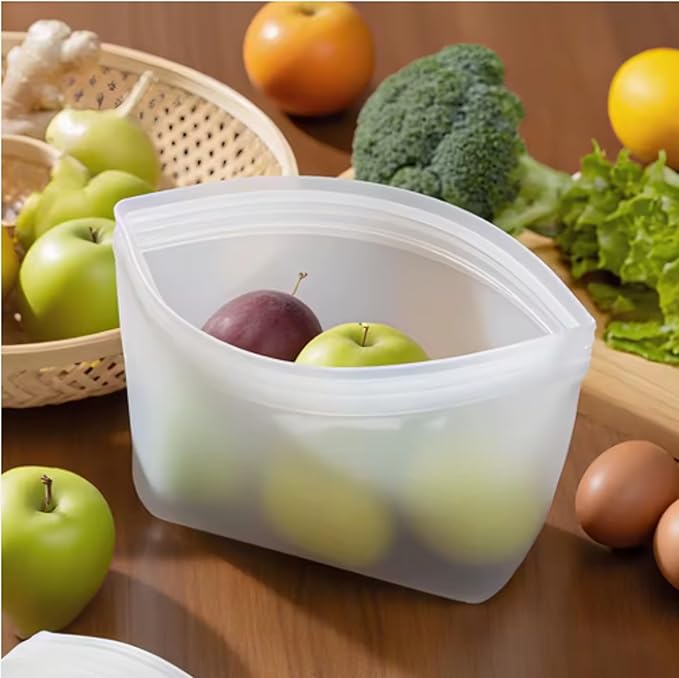 Reusable Silicone Food Storage Containers, Clear Rectangular Zip-Top Freezer Bags, Set of 3 Sizes (18oz/500ml, 32oz/1000ml, 53oz/1500ml), Leak-Proof, Heat-Resistant