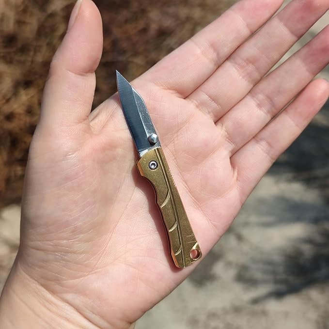 Small Keychain Knife,Mini Folding Pocket Knife,Brass Handle, Stainless Steel Blade, EDC Box Cutter,Small Gift for Women Men