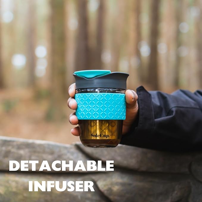 Travel Mug Loose Tea Infuser - Detachable Tea Strainer with Spillproof Lid - BPA-Free Reusable Glass Travel Coffee Cup with Silicone Band (Gray and Blue, 12oz)