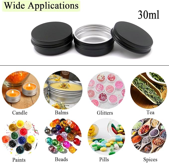 12pcs 1oz 30 ml Aluminum Tin Jar, 30g Refillable Makeup Container, 30 Gram Black Screw Lid Round Can Sample Pot for Cosmetic DIY, Handmade, Lip Balm, Cream, Salve, Toner, Candle, Paint, Scrub