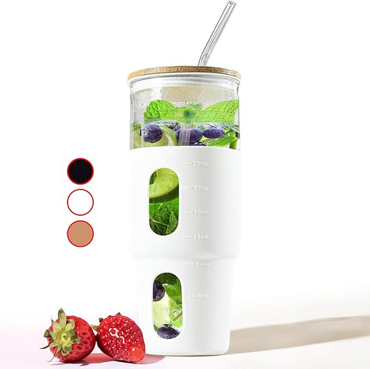 32oz Glass Tumbler with Straw & Bamboo Lid with Silicone Sleeve, Reusable Boba Smoothie Cup Iced Coffee Tumbler, Fits Cup Holder, Glass Water Bottle, BPA Free Beer Mug & Stein White.