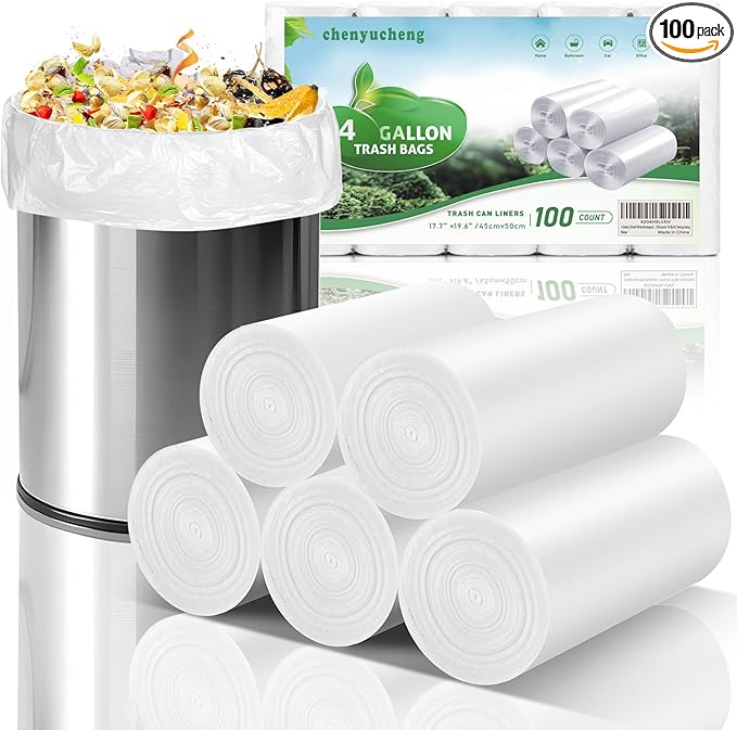 4 Gallon Small White Biodegradable Trash-Bag - Small Garbage Bags For Bathroom Can Unscented Compostable Kitchen Office Car Waste Basket Liners 100counts 15l Bulk Chenyucheng