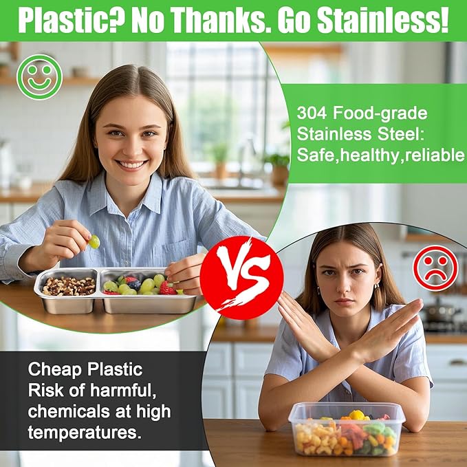 Palksky 2Pack Stainless Steel Snack Containers with Lids, 2/Tow/Double Compartment Reusable Snackle Box Container, Metal Food Storage Containers for School, Home, Travel
