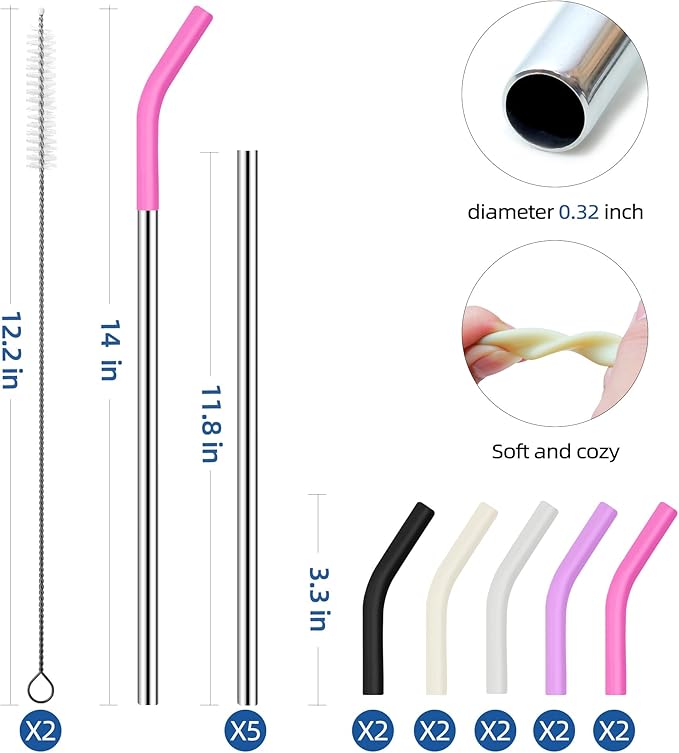 Set of 5 Stainless Steel Straws for 40 Oz Tumbler,For Stanley 40 Oz Tumbler, Reusable Metal Straw with 10 Silicone Tips and 2 Straw Cleaning Brush（5 colours 4, 40oz）