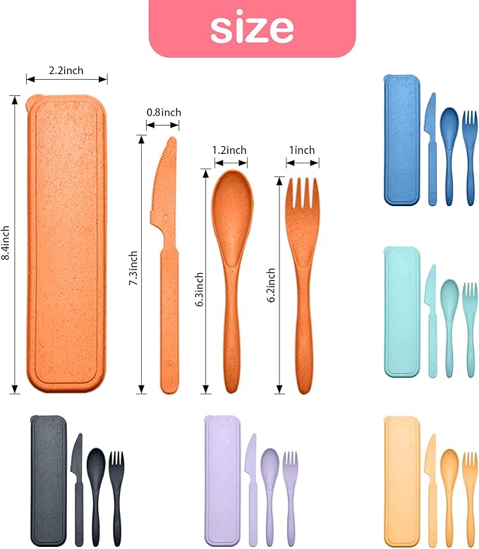 Reusable Travel Utensils Set with Case, 6 Sets Wheat Straw Portable Plastic Fork Spoons Knife Camping Cutlery, Eco-Friendly BPA Free Lunch Tableware for Kids Adults Travel Picnic Utensils