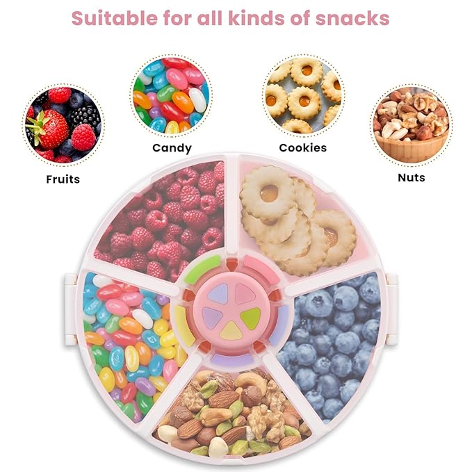 Snack Rotator Container Reusable Snack Box with 5 Compartment Dispenser and Lid, Color Matching Opening Lid, BPA and PVC Free, for Home, School, Travel (1 Pack- Pink)