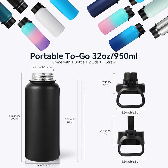 Neihepal 32 oz Insulated Water Bottles with 2 Lids (Straw & Spout Lid), 18/8 Stainless Steel Double Wall Water Bottle for Gym, Travel, Camping, Sports (Black,2 Pack)