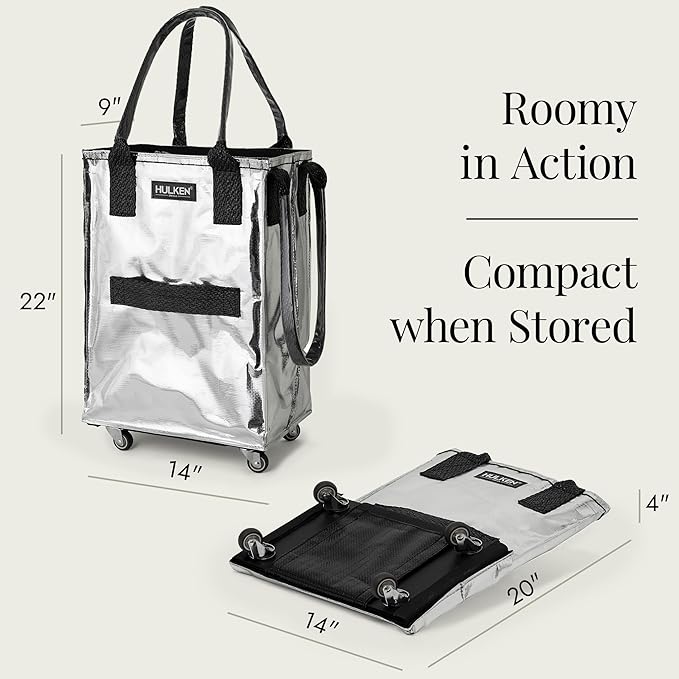 HULKEN (Small, Silver) Reusable Grocery Bag On Wheels, Shopping Trolley, Rolling Tote, Zipper Closure, Lightweight, Carries Up to 66 lb, Folds Flat