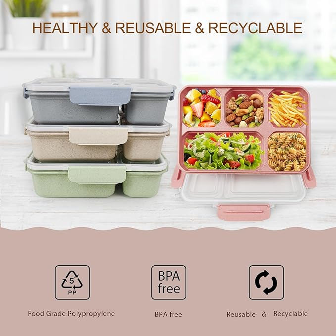 greenandlife 4 Pack Bento Lunch Box Set for Kids Adults, 5 Compartment Reusable Wheat Straw Meal Prep Food Storage Snack Containers, Microwave and Dishwasher Safe, INS