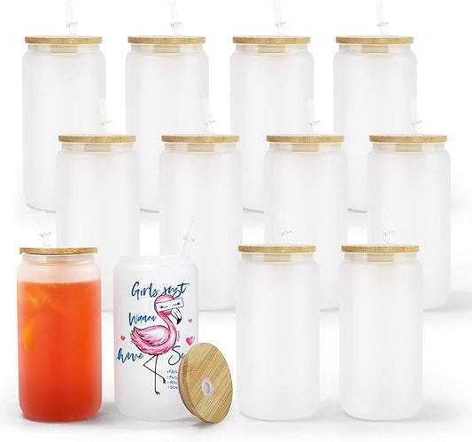 AGH Sublimation Glass Cup with Bamboo Lids and Straws 16oz Blanks Can Shaped Drinking Glasses 12Pack Frosted Beer cup for Iced Coffee, Milk, Juice.