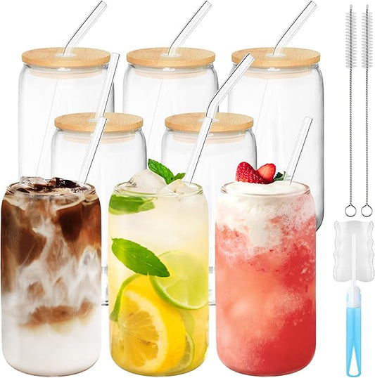 Drinking Glasses with Bamboo Lids and Straws 8 pcs Set,16oz Glass Cups with Lids and Straws,Iced Coffee Glasses,Cute Tumbler Cups for Soda,Coffee Cups