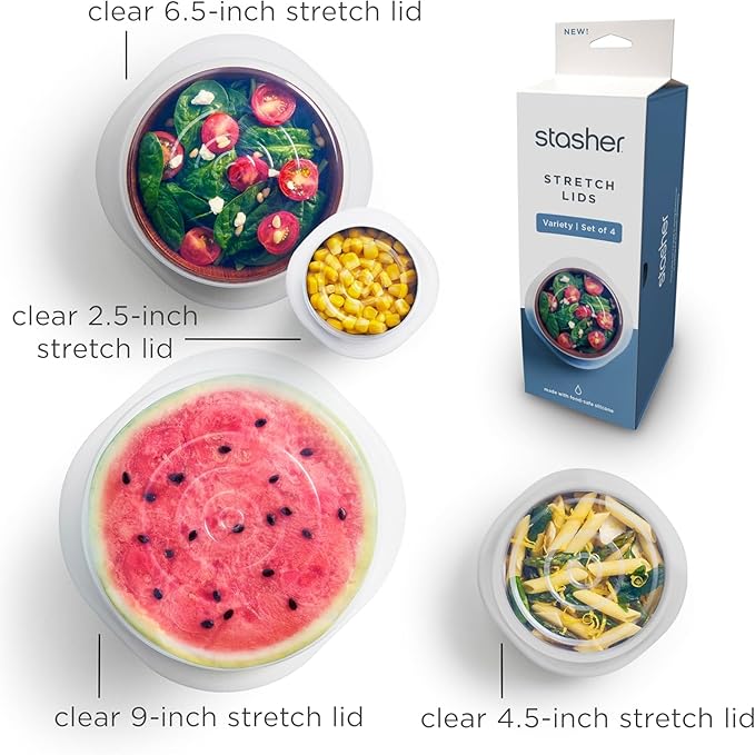 Stasher Premium Reusable Silicone Stretch Lids Variety 4-Pack, Clear, 9", 6.5", 4.5", 2.5", Airtight Seal, Food Container Covers, BPA Free, Leak-free, Dishwasher Safe, Microwave Safe, Eco-Friendly