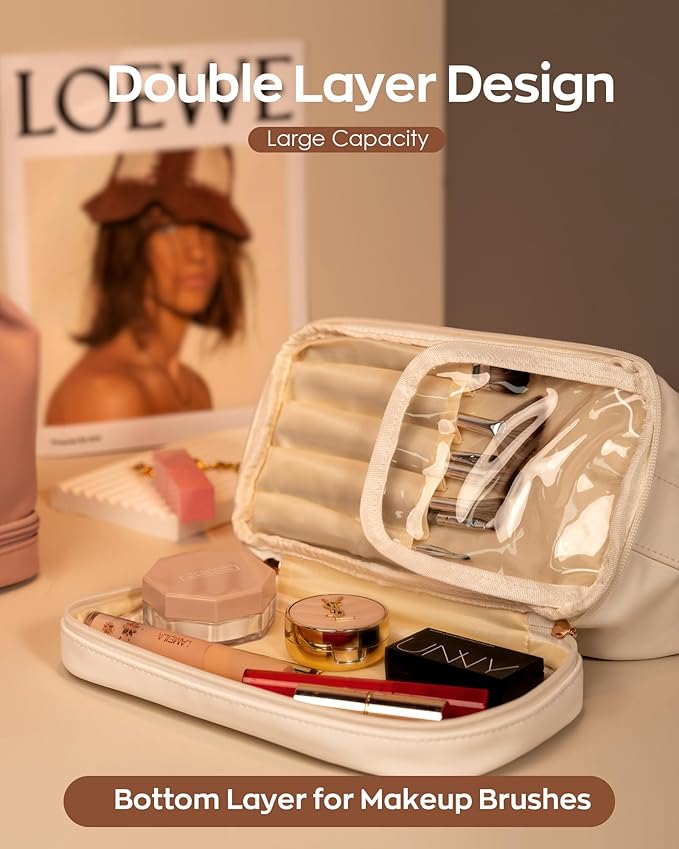 Wedding Gift-Travel Essentials, Presents for Women Makeup Bag with Handle, Initial Cosmetic Bag with Makeup Brush Organizer, PU Leather Travel Toiletry Bag, Gifts for Friends Female Mom