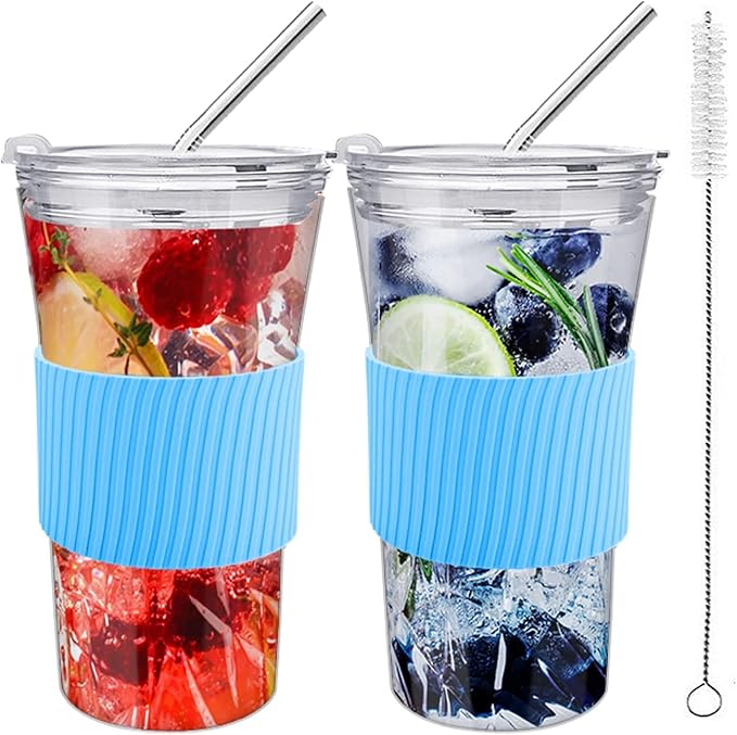 2 Pack 16 oz Iced Coffee Cups with Lids & Straw, Reusable Glass Tumbler with Silicone Sleeve, Wide Mouth Can-Shaped Design for Juice, Smoothie, Water (Blue)