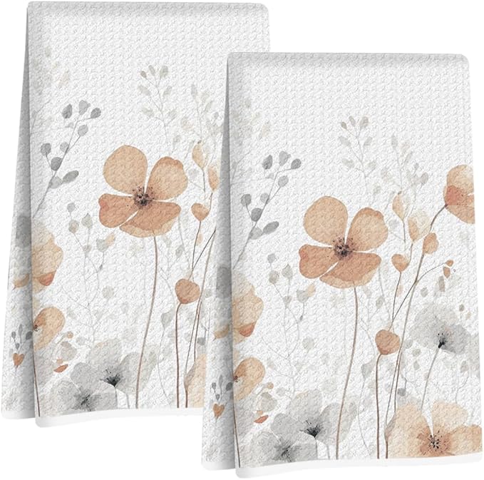 2Pcs Watercolor Floral Kitchen Towels 24x14 Inch, Rustic Boho Flower Waffle Hand Towels for Kitchen Home Decor, Absorbent Microfiber Dish Cloth Tea Towel, Housewarming Gifts for Women Mom Grandma