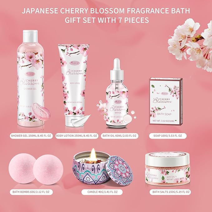 Bath and Body Gift Set for Women - Luxurious Home Spa Gift Set,Japanese Cherry Blossom 7-Piece Set Including Shower Gel,Body Lotion,Bath Oil,Bath Salt,Soap,Bath Bombs and Candle