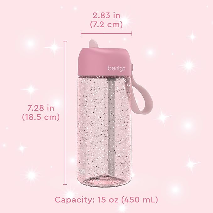 Bentgo Kids Water Bottle - Leak-Proof, Durable Tritan, BPA-Free 15 oz. Cup for Kids/Toddlers Ages 3+, Safe Sip Spout, Carrying Handle, & Dishwasher Safe for School (Glitter Edition - Petal Pink)