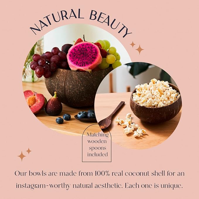 Coconut Bowl Set with Wooden Spoons – White Elephant Gifts For Adults, Christmas Gifts. Eco-Friendly Acai Bowls, Yogurt Bowls & Smoothie Bowl – Ideal for Ninja Creami (2, Natural)