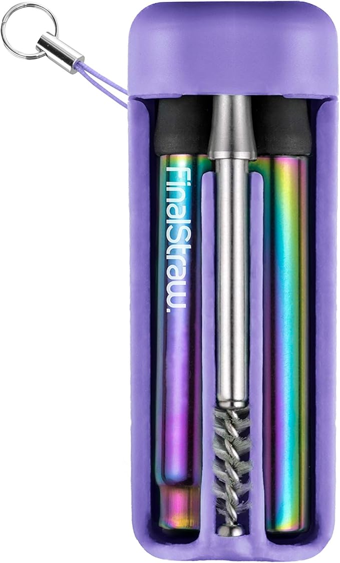 FinalStraw Collapsible, Reusable, Metal Straw | Travel Case, Cleaning Tool | Easy to Clean | Stainless Steel and 100% Silicon Tips | Eco-Friendly | Porpoise-ful Purple Case, Rainbow Stainless Steel