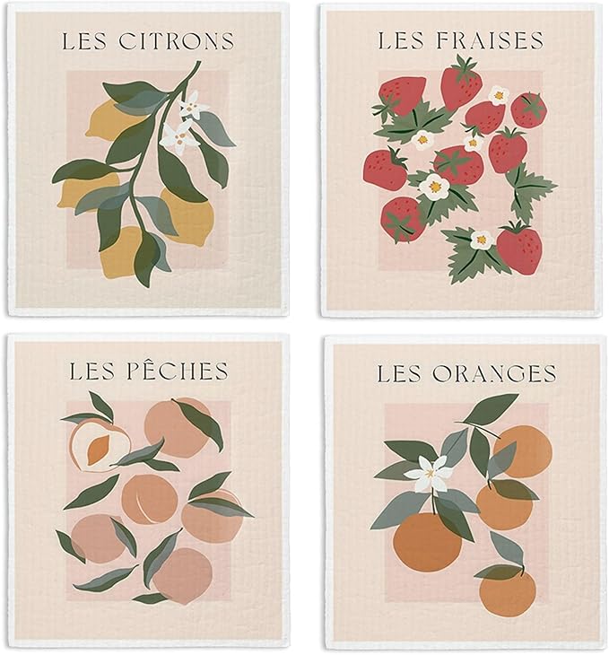 Swedish Dishcloths for Kitchen, Pink Strawberries Peach Citrons Oranges Swedish DishCloths for Friut, 4 Pack Dish Towels for Kitchen, Papaya Reusable Paper Towels Washable