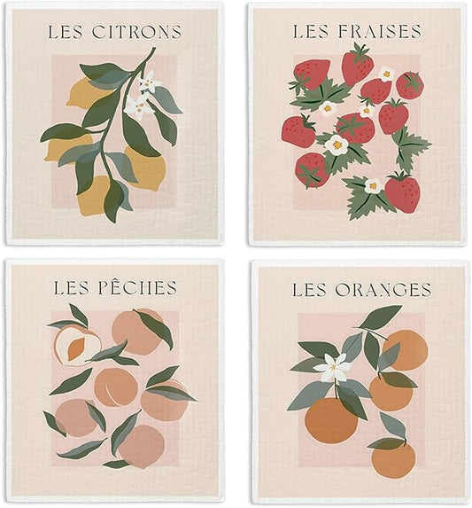 Swedish Dishcloths for Kitchen, Pink Strawberries Peach Citrons Oranges Swedish DishCloths for Friut, 4 Pack Dish Towels for Kitchen, Papaya Reusable Paper Towels Washable