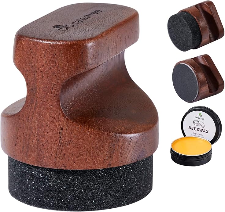 Food Grade Cutting Board Wax Care Kit - Reusable 5 Sponges & 5 Sandpapers, Ergonomic Wood Handle Applicator, 7oz Beeswax Polish for Wood Maintenance, Furniture, Butcher Block, Cast Iron, DIY