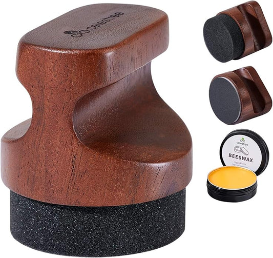 Food Grade Cutting Board Wax Care Kit - Reusable 5 Sponges & 5 Sandpapers, Ergonomic Wood Handle Applicator, 7oz Beeswax Polish for Wood Maintenance, Furniture, Butcher Block, Cast Iron, DIY