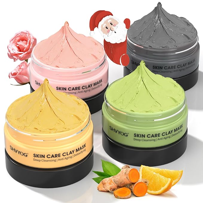 SHVYOG 4 Pcs Clay Facial Mask Set - Turmeric, Vitamin C, Green Tea, Dead Sea Mud, and Rose Clay Skin Care Mask for Deep Cleansing, Moisturizing, and Refining Pores - 240g