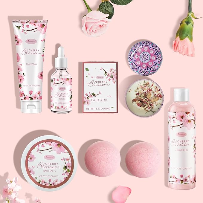 Bath and Body Gift Set for Women - Luxurious Home Spa Gift Set,Japanese Cherry Blossom 7-Piece Set Including Shower Gel,Body Lotion,Bath Oil,Bath Salt,Soap,Bath Bombs and Candle
