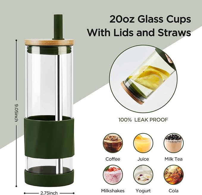 Glass Cups With Lids and Straws, 20oz Reusable Iced Coffee Cup, Olive Glass Tumbler with Silicone Sleeve, Perfect for Fruity Drinks, Iced Tea, or Smoothies