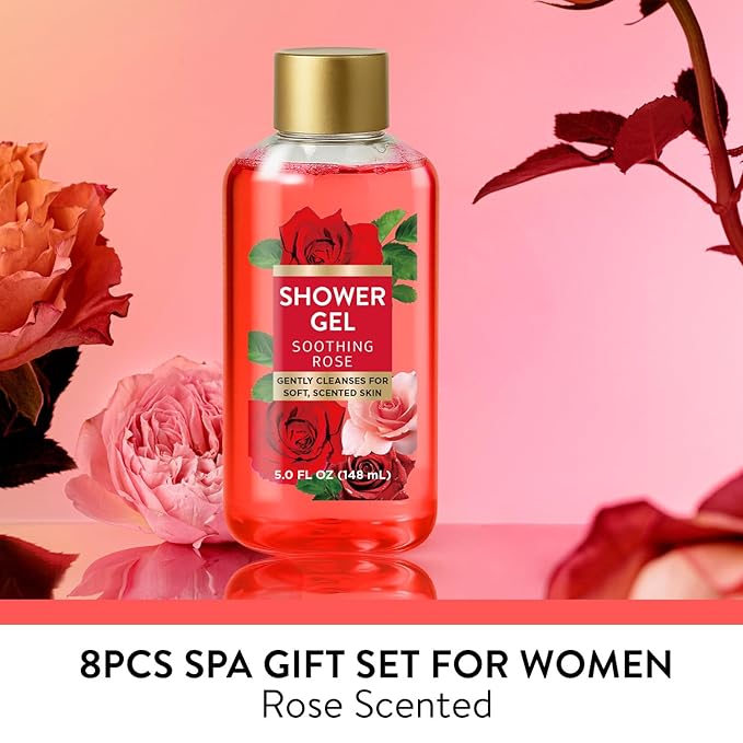 Romantic Rose Christmas Spa Gifts for Women, 8 Piece Gift Set with Bubble Bath, Luxury Bath Gift for Her, Anniversary or Birthday Gift for Wife, Girlfriend, Mom - Body Scrub, Lotion, Hand Cream, Soap